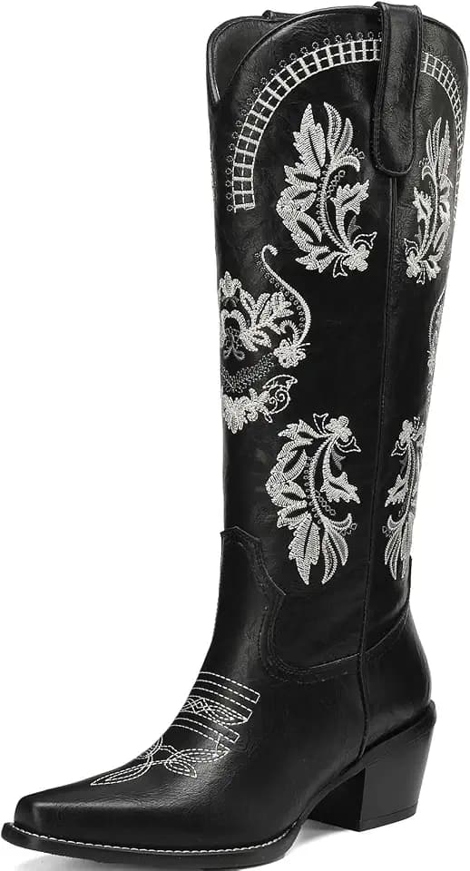TEAIEUI Cowboy Boots for Women, Knee High Cowgirl Boots with Embroidered, Pull On Wide Calf Tall Boot, Pointed Toe Western Chunky Heel Boots for Women Ladies Cowgirl-themed Party