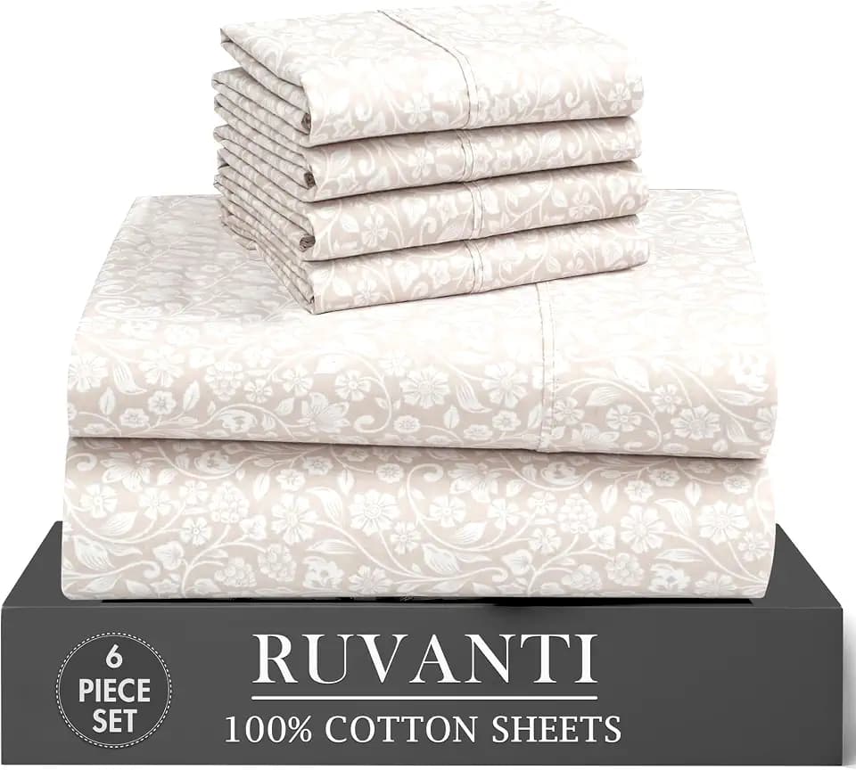 RUVANTI 100% Cotton Full Sheet Set, Percale Full Size Sheets, Orchid Charm