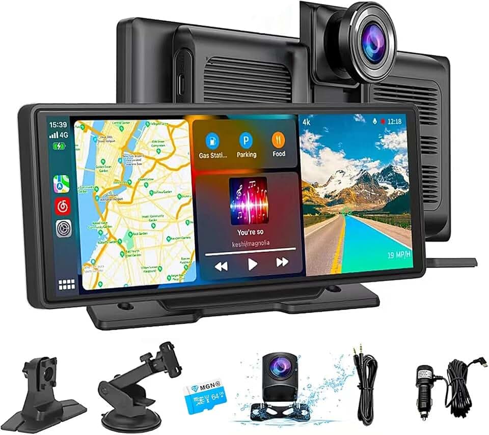 JIMACRO 10.26" Bildschirm Tragbares Autoradios, Drahtloses Tragbares Car-Play Display für A-pple CarPlay, Wireless Carplay Screen,Rückfahrkamera, Mirror Link, Bluetooth, Sprachsteuerung, GPS-Navigatio