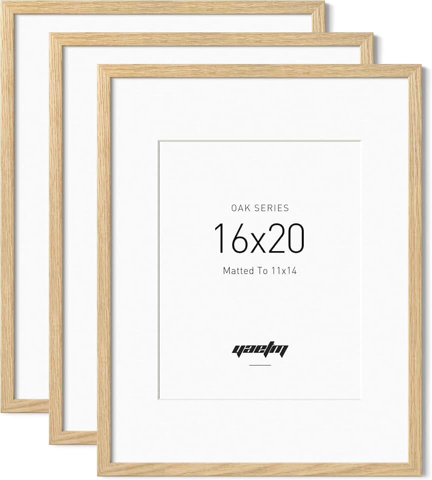 Yaetm Minimalist 16x20 Oak Picture Frame with Mat for 11x14, Natural Solid Oak Wood 16x20 Frame Set of 3, Lightweight, Wall Mount, Wall Gallery for Home & Office, 3 Pack