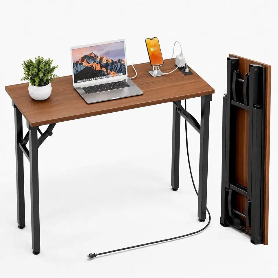 Folding Table Computer Desk - 35.8" No Assembly Folding Desk with Power Outlets & USB Charging Port, Small Desk, Foldable Office Desk, Compact Storage Portable Use for Small Space, Dark Walnut