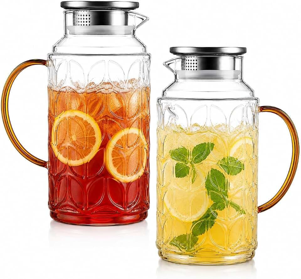 Jiuchen 2 Pack 68 oz/2 Liter Glass Pitcher with Lid and handle, BPA-Free Borosilicate Glass Water Jug, Heat Resistant Clear Fridge Beverage Carafe for Hot Cold Drinks, Iced Tea, Lemonade, Juice,