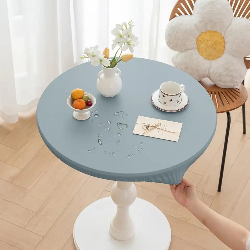 Round Fitted PU Tablecloth with High Elastic Edge 24 Inch Dia Waterproof Oil Proof Table Cloth Anti-Scald Stain-Resistant Wipeable Table Cover for Indoor Outdoor Picnic (Blue,24" Dia)