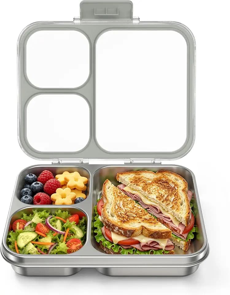 HOMEKOL Stainless Steel Bento Lunch Box 3-Compartment, 4.2Cups, Grey