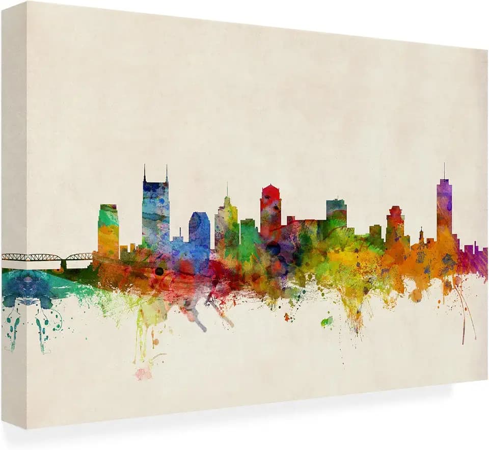 Wrapped Canvas Wall Art - Michael Tompsett 'Nashville Watercolor Skyline' Wall Art for Living Room, Bedroom, or Office Décor - 22x32