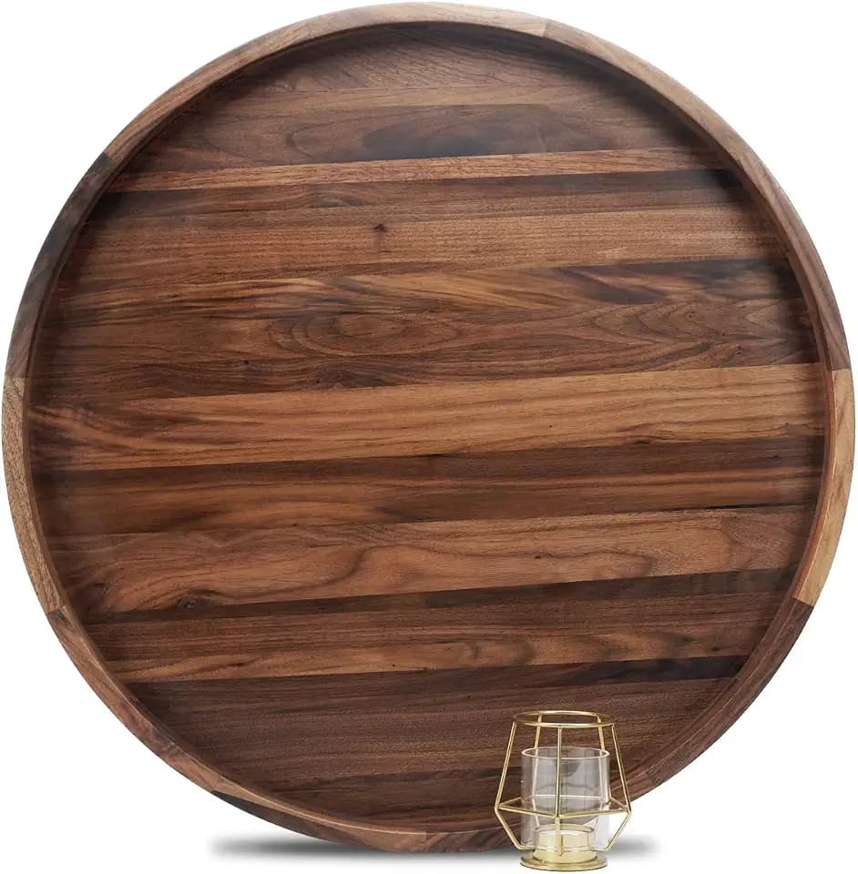 24" Extra Large Round Black Walnut Wood Ottoman Tray with Handles