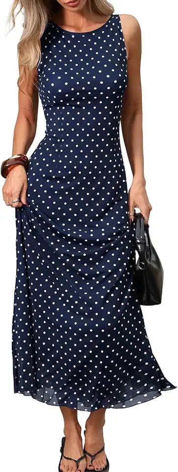 ELLEVEN Women’s Polka Dot Maxi Tank Fit Long Dress Navy Blue X-Large