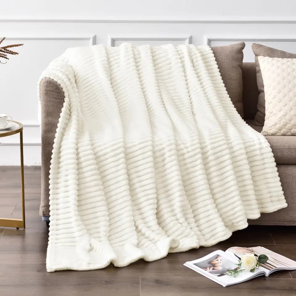 BEDELITE Ribbed Jacquard Cream Fleece Throw Blanket for Couch, 50x60 Inch
