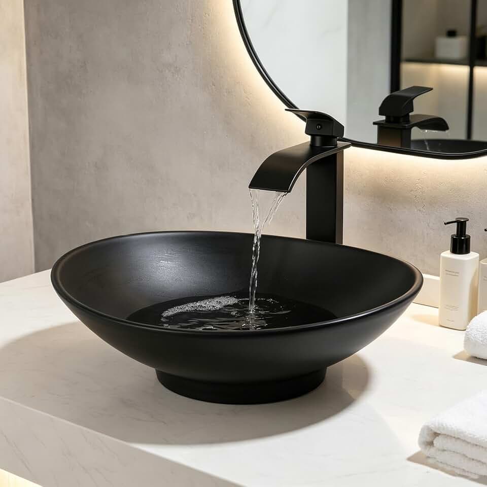 Black Oval Bathroom Vessel Sink with Faucet and Drain Combo