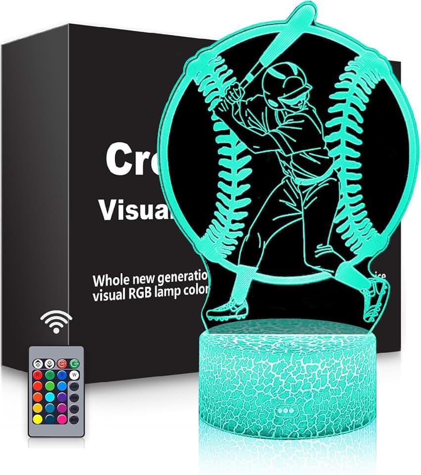 BASSI Baseball Gift 3D Night Light for Kids - 16 Colors & Flashing Modes LED Baseball Player Decor Toys with Remote Control, Opreated Dimmable, Christmas Birthday Gifts for Boys Girls Sport Fans