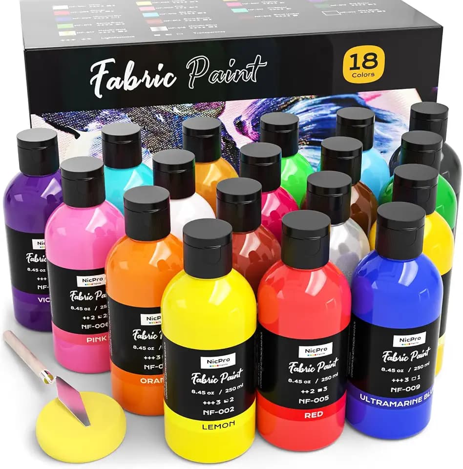 Nicpro 18 Colors Permanent Fabric Paint (8.45 oz, 250 ml) Soft Fabric Paint