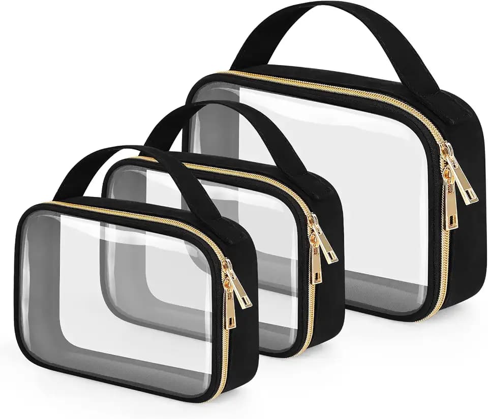 Wedama Clear Toiletry Bag, 3 Pack Clear Makeup Bags with Handles, PVC Cosmetic Bags for Women and Men, Large Opening Toiletry Bags, Black