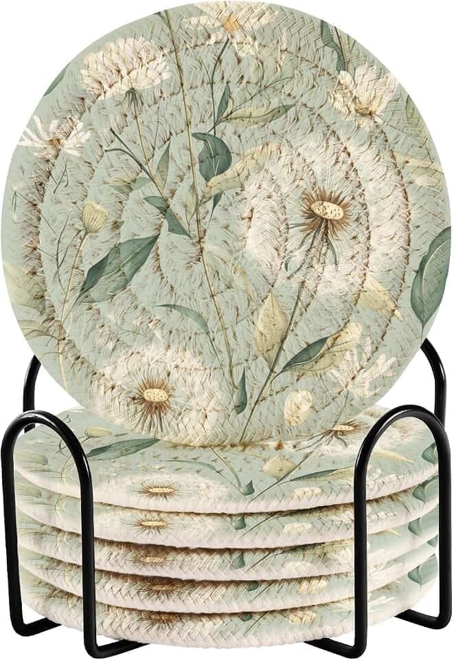 Sage Green Dandelion Flowers Coasters Set of 6 for Drinks Cup Holder Woven Cotton Absorbent Drink Coaster Mats for Table Protection Housewarming Gifts for Home Room Decor 3.9Inch D