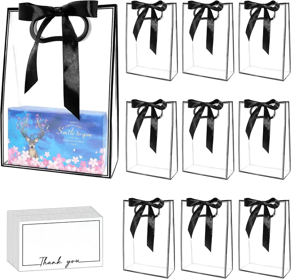 15Pack Clear Plastic Gift Bags with Handle,Reusable PP Gift Wrap Tote Bags with Ribbon for Wedding Bridal Birthday Party Baby Shower Goodies Graduation Shopping Business, 7x10x3.15 Inch (Black)