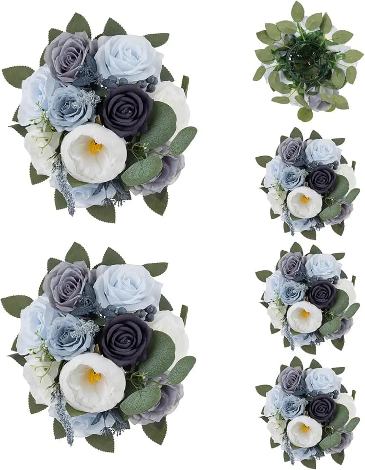 BLOSMON Artificial Flowers Ball Wedding Centerpieces 6 Pcs Dusty Blue Rose Artificial Flower Center Pieces Decoration for Table Silk Kissing Ball Floral Bouquet Arrangements Home Party DIY Decor