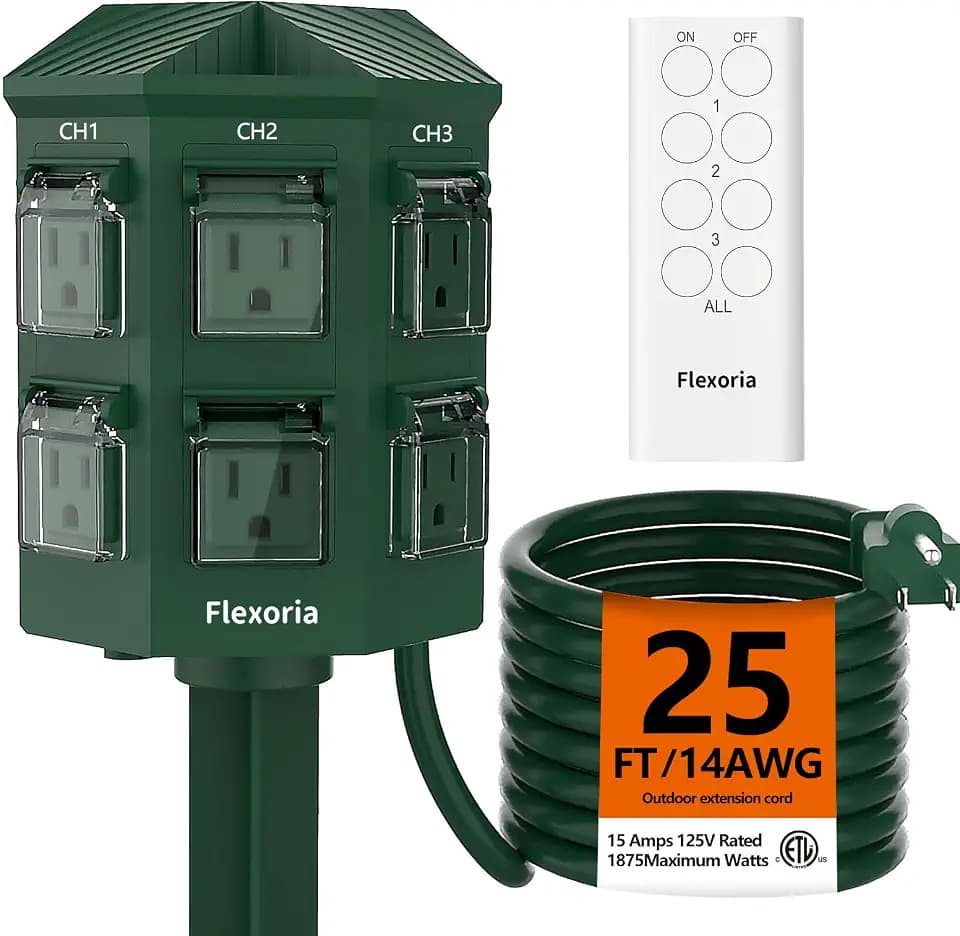Outdoor Power Stake, 25 Feet Extension Cord Waterproof, Independently Remote Control 3 Sets of Outlets, 6 Grounded Outlets for Garden, Patio, Outdoor Decor, ETL Listed