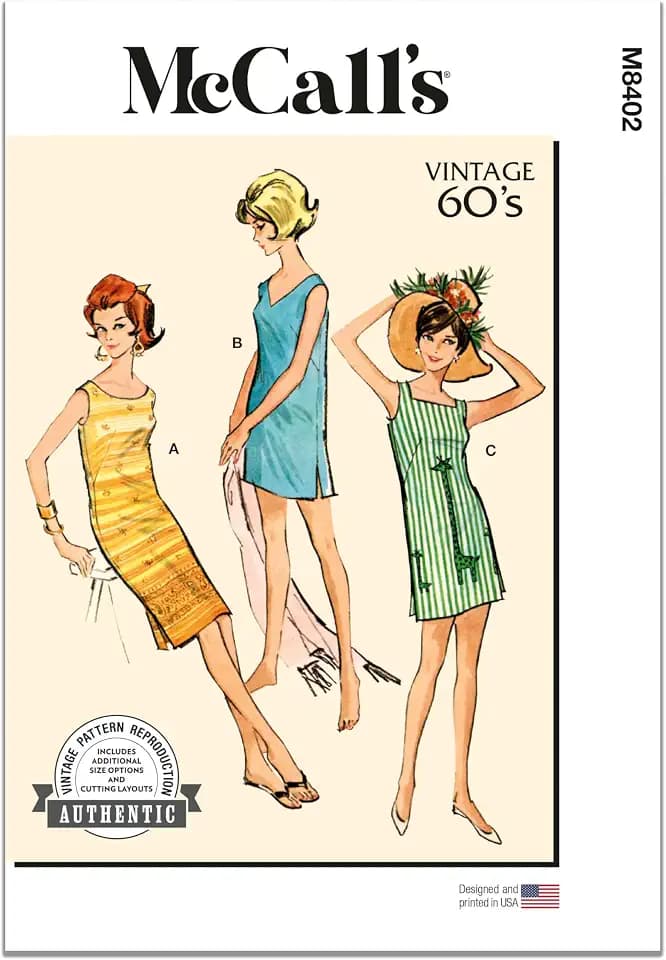 McCall's M8402A Vintage 1960's Misses' Dresses Sewing Pattern Kit, Design Code M8402, Sizes S-M-L