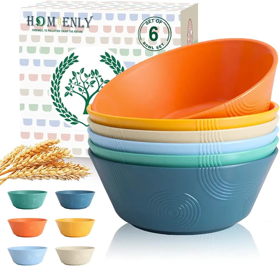Homienly Unbreakable Cereal Bowls, Wheat Straw Bowl with Textured, 36oz Microwave Safe Plastic Bowls for Kitchen, Party, Large Soup Bowls for Popcorn, Ramen, Salad, Dishwasher Safe (Multi,6 PCS)