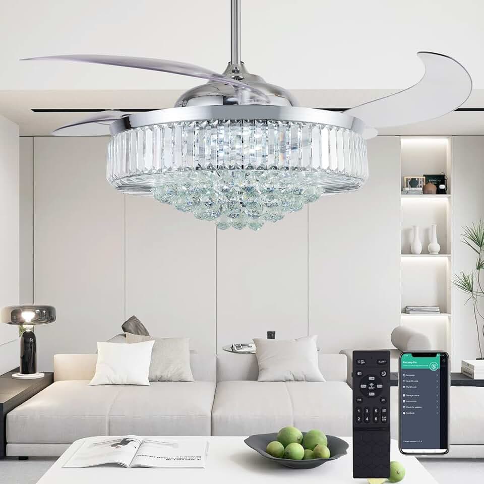 DuMaiWay 52" Dimmable Chandelier Ceiling Fan with Lights, Fandelier, Retractable Crystal Ceiling Fan Chandelier with Remote Control LED Light for Bedroom Living Room Polished Chrome 6 Speed