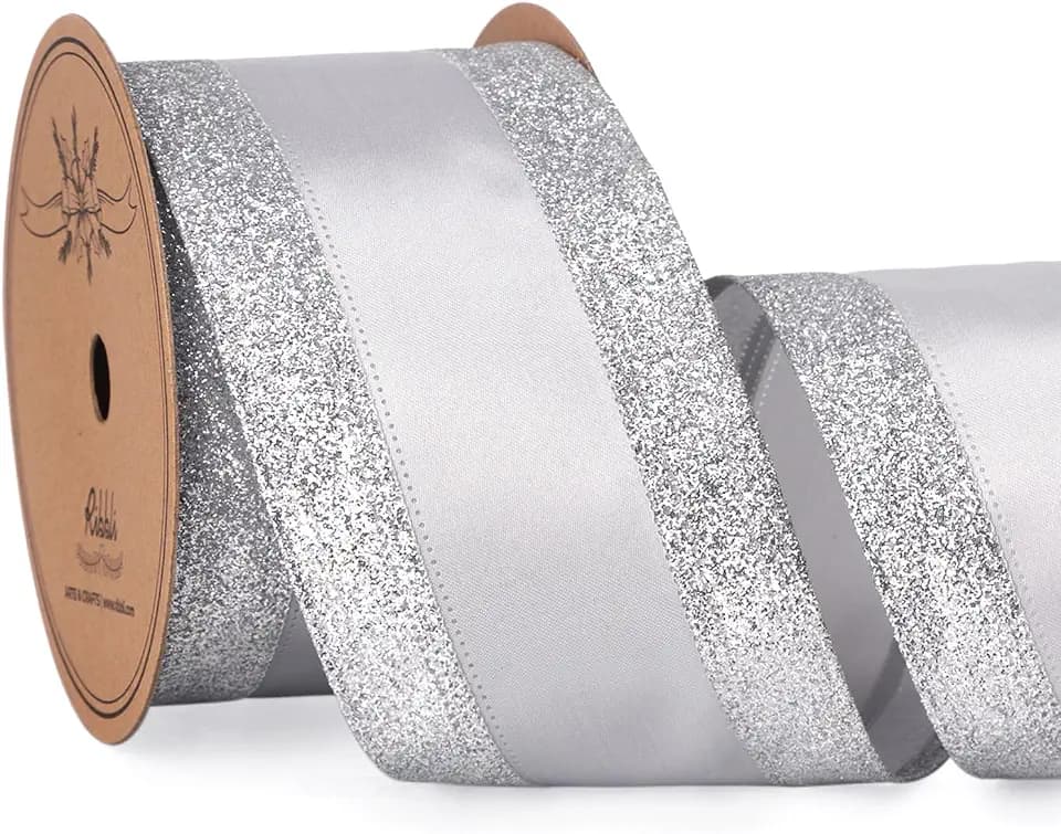 Ribbli Silver Wired Ribbon Satin with Silver Glitter Edge 2.5 Inch Christmas Ribbon for Tree Gift Wrapping Wreaths Garland Topper Bows Crafts Home Decor -10 Yards