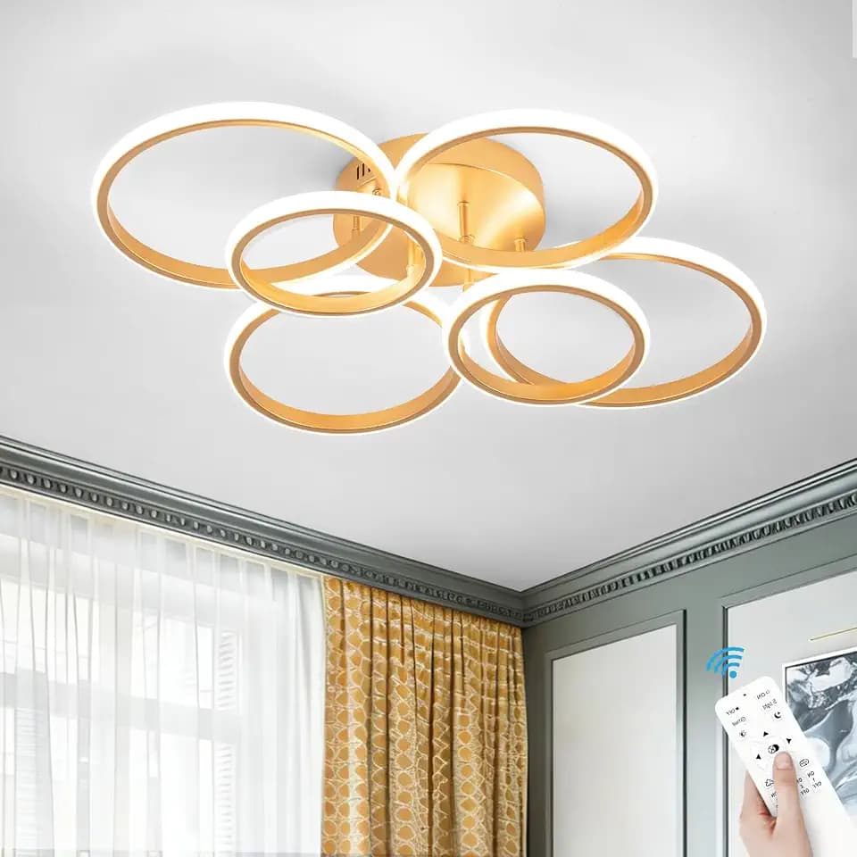 Modern Ceiling Lights, 6 Rings Dimmable Gold LED Ceiling Light Fixtures with Remote Control, 60W Close to Ceilings Lighting for Living Room, Bedroom, Dining Room