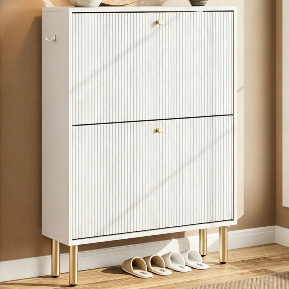 Nicetree Shoe Storage Cabinet for Entryway - 2 Flip Drawers Shoe Cabinet with Tiered Fluted Design - Slim Shoe Storage Rack with Gold Legs - Narrow Shoe Cabinet Hidden Shoe Organizer for Small Spaces