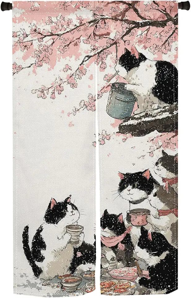 Japanese Noren Doorway Curtain, Cute Cats Cherry Blossom Print, 33.5"x 59"