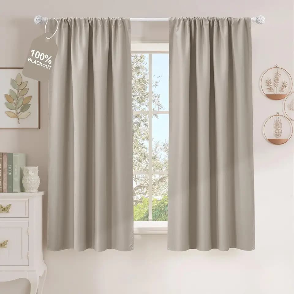 NICETOWN 100% Blackout Natural Curtains for Bedroom, Rod Pocket Thermal Curtains Sound Reducing Window Treatments Easy-Matching for Living Room, W42 x L63, 2 Panels