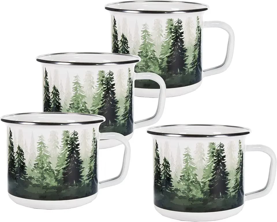 Golden Rabbit Enamelware Grande Coffee or Tea Mugs, 24 ounce, Forest Glen, Set of 4