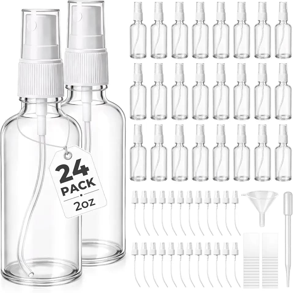 JTIEO 24 Pack 2oz(50ml) Small Glass Spray Bottle, Mini Travel Size, Clear Fine Mist Refillable Bottle for Essential Oils, Perfume & Hair, with Funnel, Pipette, 24 Spray Heads and 48 Waterproof Labels.