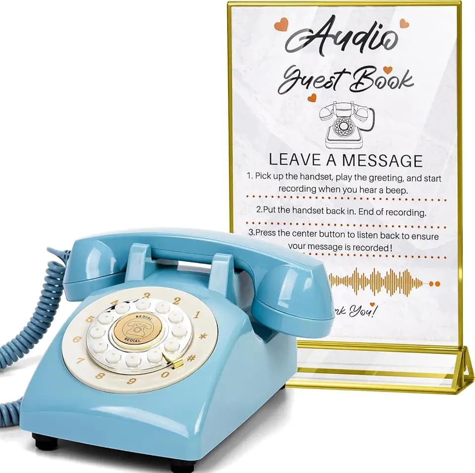 Audio Guest Book Wedding Phone,32GB Memory Customized Audio Messages, Volume Adjustable, with Message Replay Feature, Suitable for All Kinds of Party(Blue+Golden Sign)