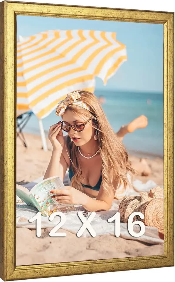 12x16 Wood Picture Frame Gold, Ornate Natural 16x12in Frame, Modern Golden 12 x 16 inch Gallery Wall Photo Poster Frame with HD Plexiglass, Horizontal Vertical Wall Mounting Display 1pcs