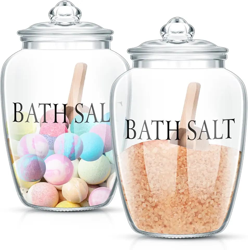 2 Set 74 oz Bath Salt Containers with Airtight Lid, Wooden Scoop, Printed