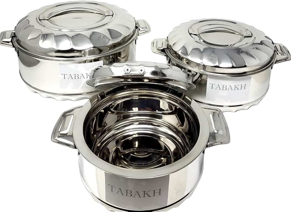 T TABAKH Insulated Casserole Dish with Lid Hot Pot Food Warmer/Cooler - Thermal Soup, Salad Serving Bowl - Stainless Steel Container - Keeps Food Hot & Cold (Silver, 3pc Set (2500ml, 1500ml, 1000ml))