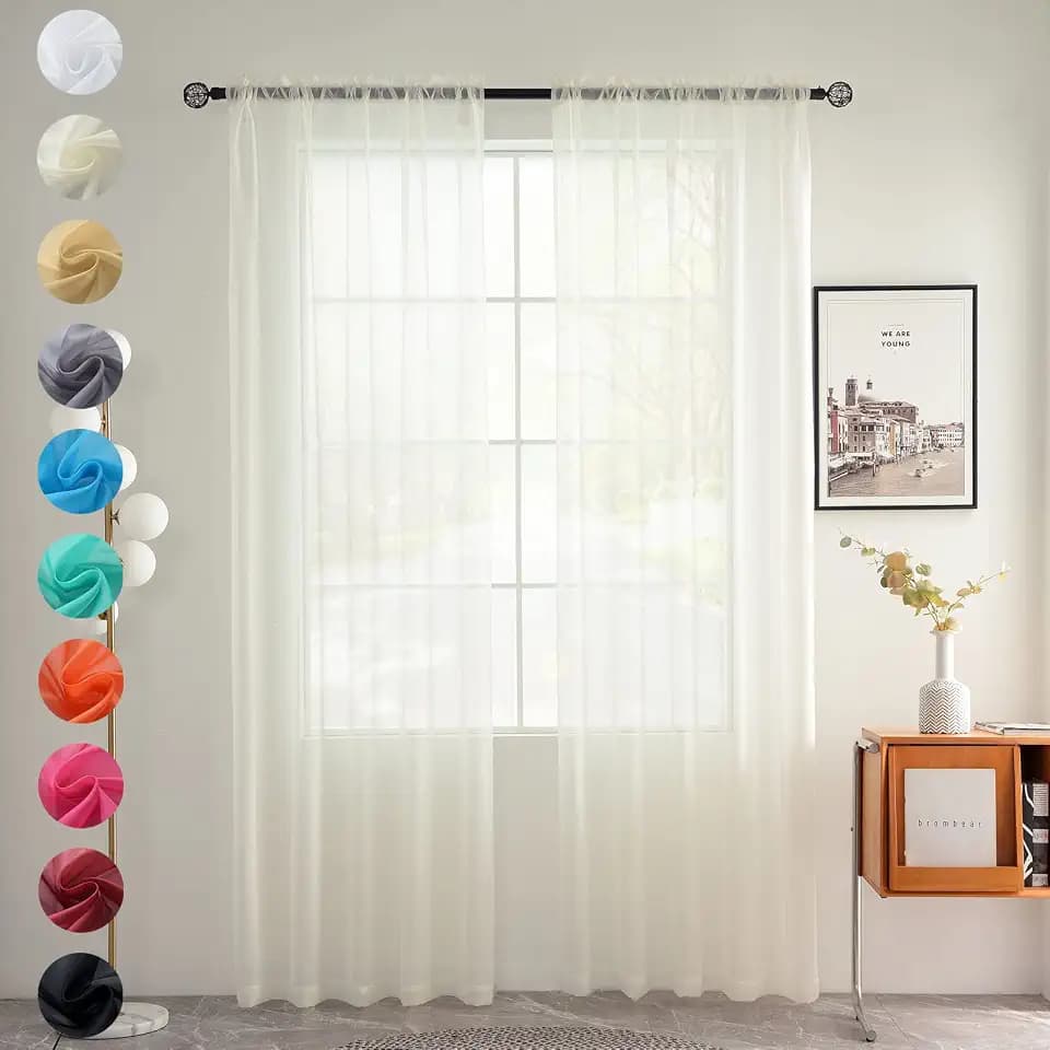 youleyar Solid Sheer Rod Pocket Curtain Voile Draperies 2 Panels White Beige Black Grey Coffee 52 Inch Width 84 Inch Long 1 Pair for Kitchen Bedroom Children Living Room Yard (Ivory,52W x 84L)