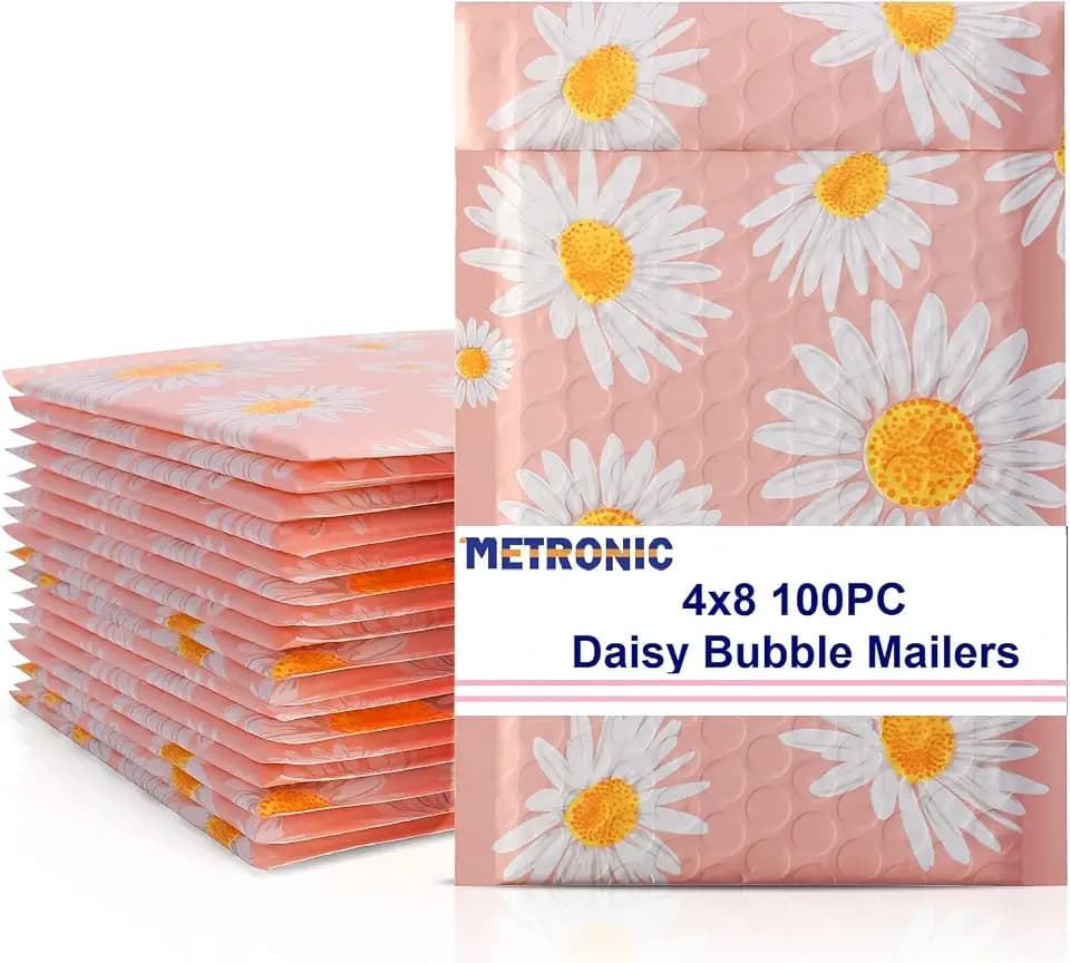 Metronic Bubble Mailer 4x8 Inch 100 Pack Pink Padded Envelopes Fancy Daisy