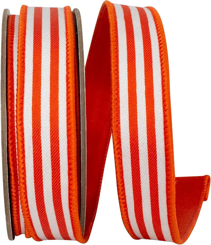 Ribbon - Striped Twill Deluxe Dupioni Backed Wired Edge, Orange, 1 Inch, 10 Yards