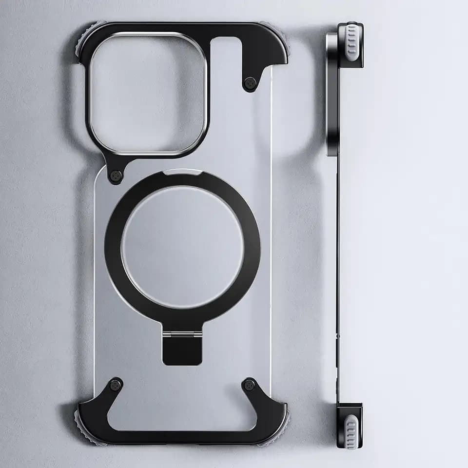 Frameless for iPhone 14 Pro Case with Magnetic Kickstand, Bezel Less Metal Slim Hard Shockproof Ultra Thin for iPhone 14Pro Phone Case with Ring Holder Magnetic Grip for Men Cool Black Cover