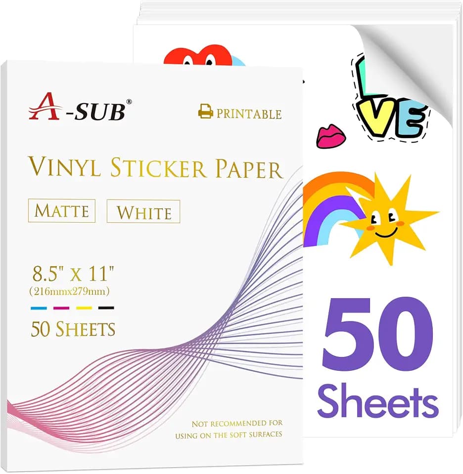 A-SUB Printable Vinyl Sticker Paper for Inkjet Printers, Matte, 50 Sheets