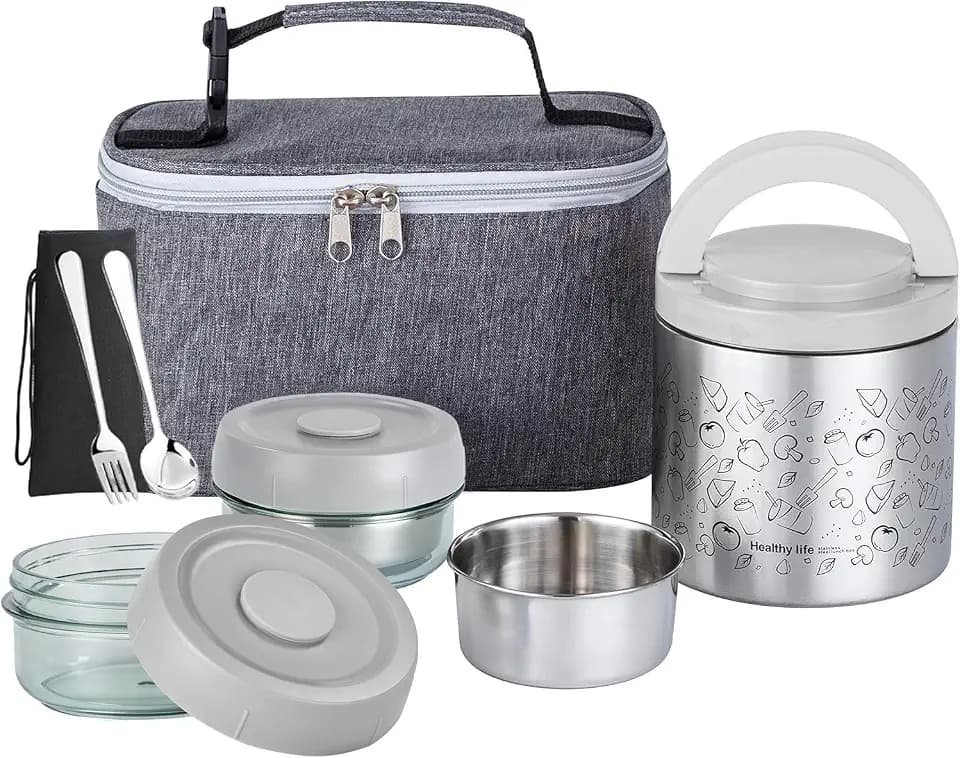 Lille Home Stainless Steel Thermal Lunch Box Set with Lunch Bag and Cutlery
