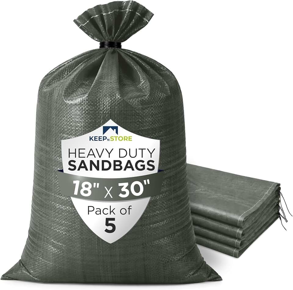 Heavy Duty Sand Bags Pack of 5, Army Green Empty Sandbags with Built-In Ties, Woven Polypropylene UV Protection 1600 Hours, Fillable Bags for Flood Control, Weight, 18x30 inches, 75 Pounds Volume