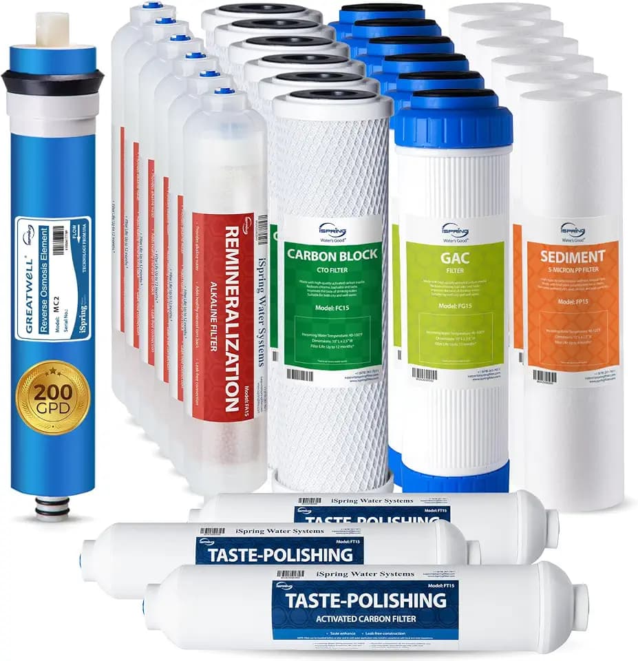 iSpring F28K200 Upgraded 200 GPD 3-Year Replacement Filter Pack for RCC2AK 6-Stage Reverse Osmosis System with Alkaline Mineral Filter, 28-Piece