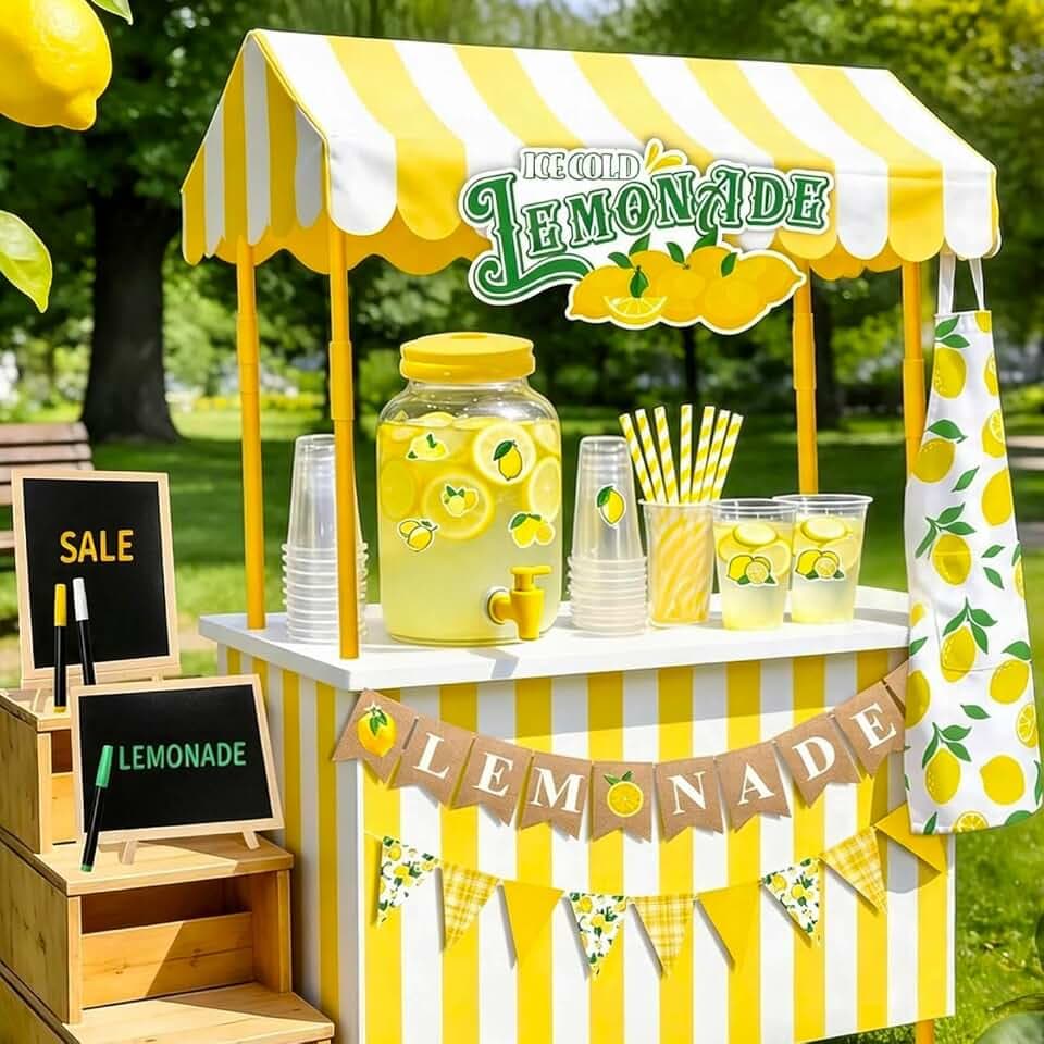 Whaline 115Pcs Lemonade Stand Kits Include Plastic Juice Dispenser Drink Cups with Lids Shelf Roof Pennant Banner Table Skirt Straws Blackboard Lemon Stickers for Summer Outdoor Lemon Themed Party