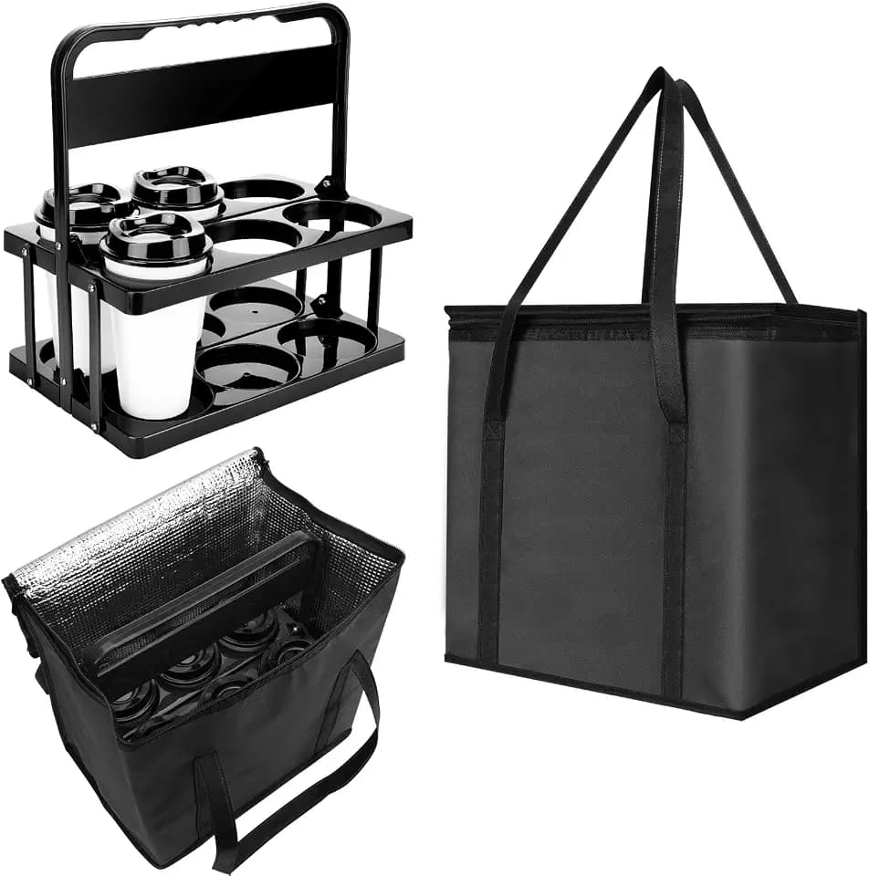 Reusable 6 Cup Drink Carrier with Handle and Insulated Bag for Hot and Cold Drink/Food, Foldable Plastic Cup Holder and Large Capacity Insulated Food Bag for Travel and Delivery