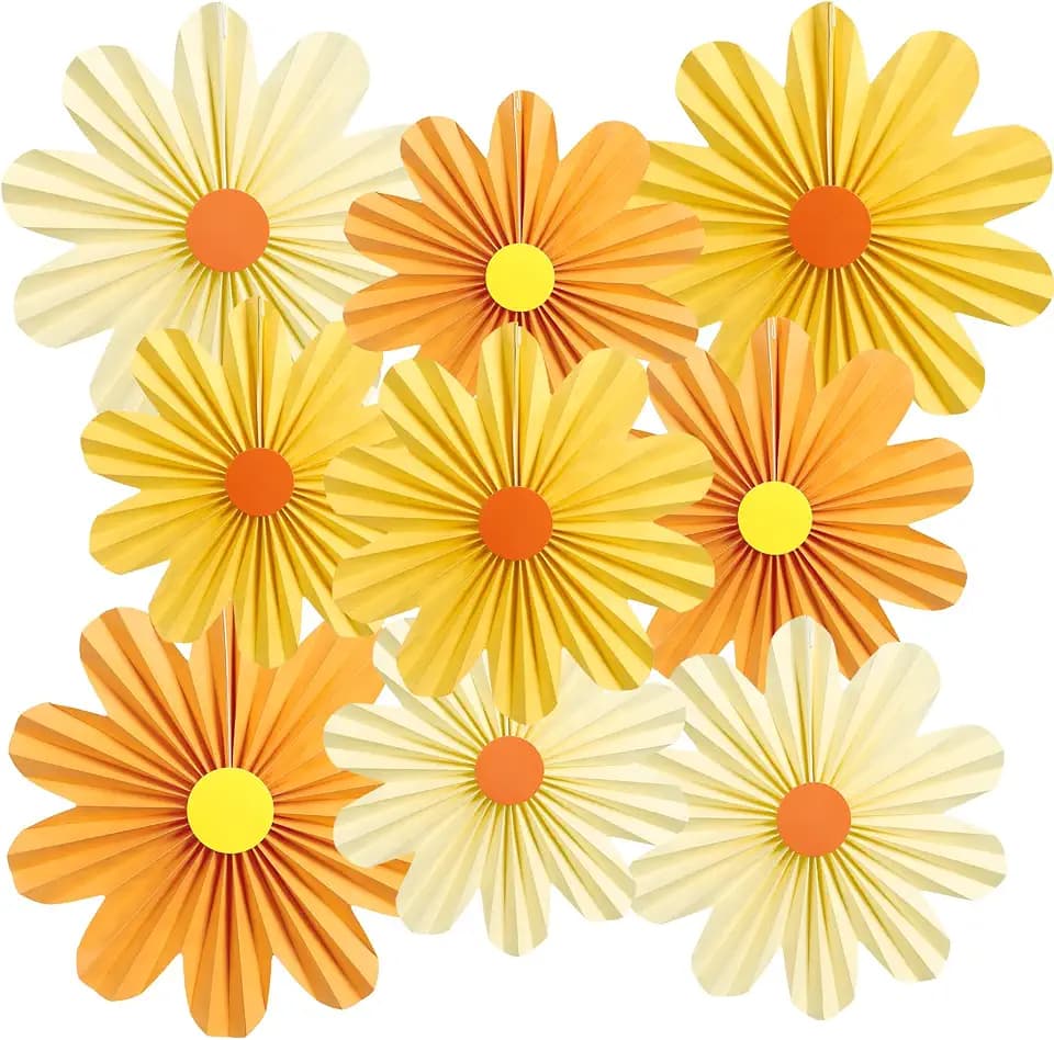SUNBEAUTY Orange Paper Flowers Decorations for Wall Paper Fans Daisy Decoration for Women Birthday Spring Easter Wedding Garden Tea Party Baby Shower Decor Set of 9