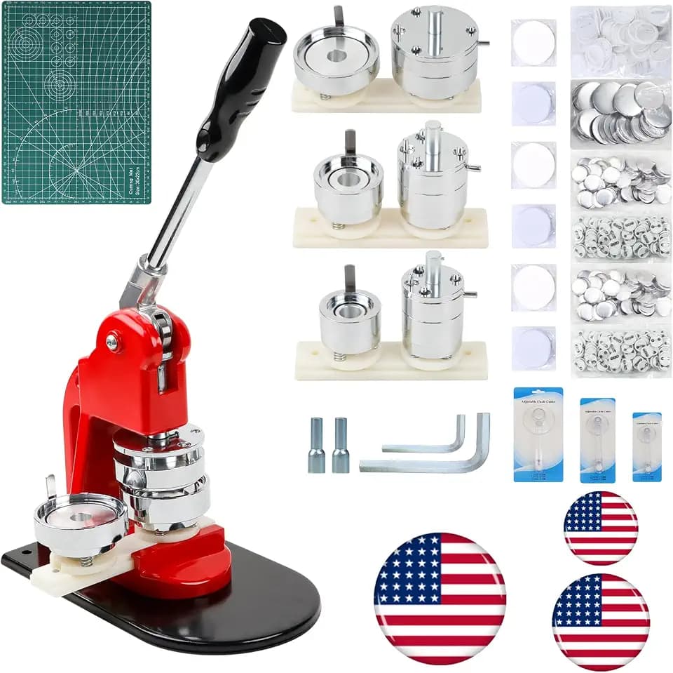 Happizza Button Maker Machine Multiple Sizes, Button Pin Maker 1+1.25+2.25 inch, Interchangeable Button-models Badge Button Press Machine with 300 Sets Button Maker Supplies &Circle Cutter&Cutting Mat