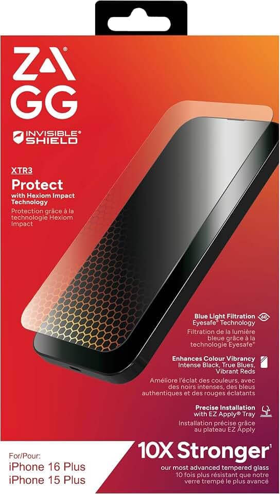 ZAGG InvisibleShield Glass XTR3 iPhone 16 Plus / 15 Plus Screen Protector - Blue-Light Filtration, 10X Stronger, Scratch & Smudge-Resistant Surface, Edge-to-Edge Protection, Install Tray Included
