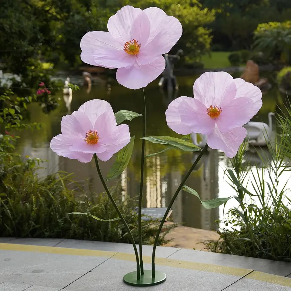 Large Paper Artificial Flowers,Giant Flowers for Decoration,Huge Handcrafted Poppy Fake Flowers with Stand for Home Decor Bridal Shower Party Outdoors Yard Event Backdrop Decor (Pink)