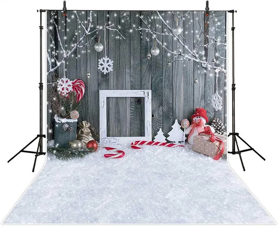 Weihnachts-Leinwand-Hintergrund für Fotografie, Holzwand-Dekor mit Schneeflocken und Weihnachtskugeln, 1,8 m x 2,5 m