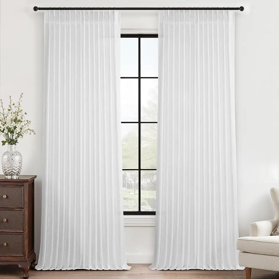 Rustic Beige White Pleated Linen Curtains 100 Inches Long for Living Room Bedroom 2 Panels Netural Boho Thick Textured Linen Back Tab Pinch Pleat Curtain Drapes Ceiling Floor Semi Sheer Sliding Door